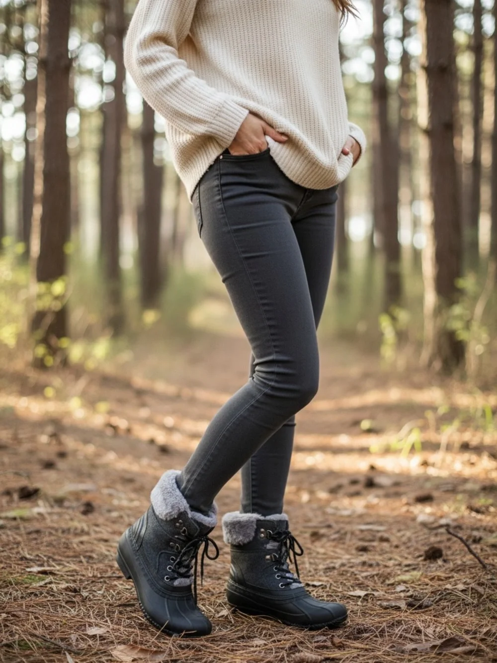 Tommy Hilfiger Black Winter Rain Boots with Gray Faux Fur Cuff